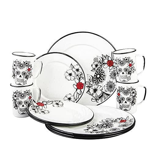Catálogo de Platos para tazas los 10 mejores. 48 Cinsa Vajilla Rustik Edición Especial 12 piezas para 4 personas, peltre ligero, set de vajilla, platos, tazas (Calaveras)