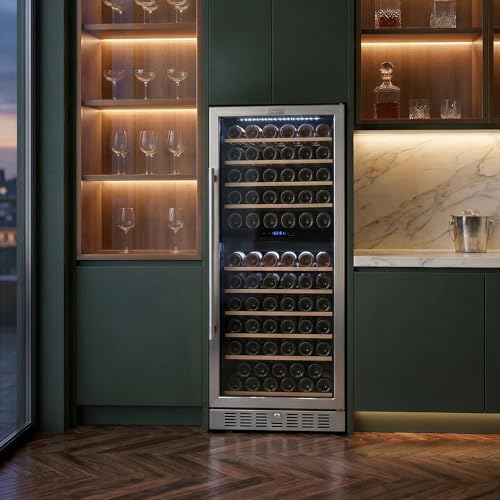 Image of Empava 24 inch Dual Zone Wine Cooler Refrigerator with Reversible Glass Door, Freestanding or Built In Tall Fridge with LED Light, Touch Control, 119 Bottles Capacity