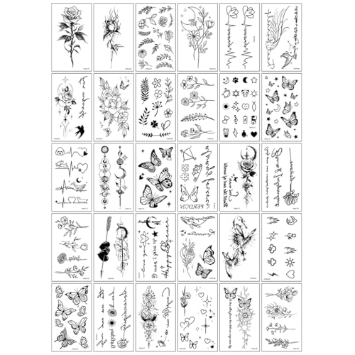 Image of MAYCREATE 30 Sheets Temporary Tattoo Black Butterfly Flowers Mixed Styles Tattoo Sticker Waterproof Realistic & Long-Lasting Fake Tattoos Mini Face Body Makeup Stickers for Women Girls