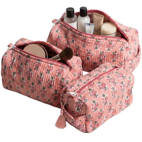 ATOSII Set of 3 100% Cotton Handblock Print Quilted Toiletry Cosmetic Makeup Travel Bag for Women, Waterproof Inner Lining, Jewelry Essentials Storage Case, Toiletries Pouch Purse, Peach Aura