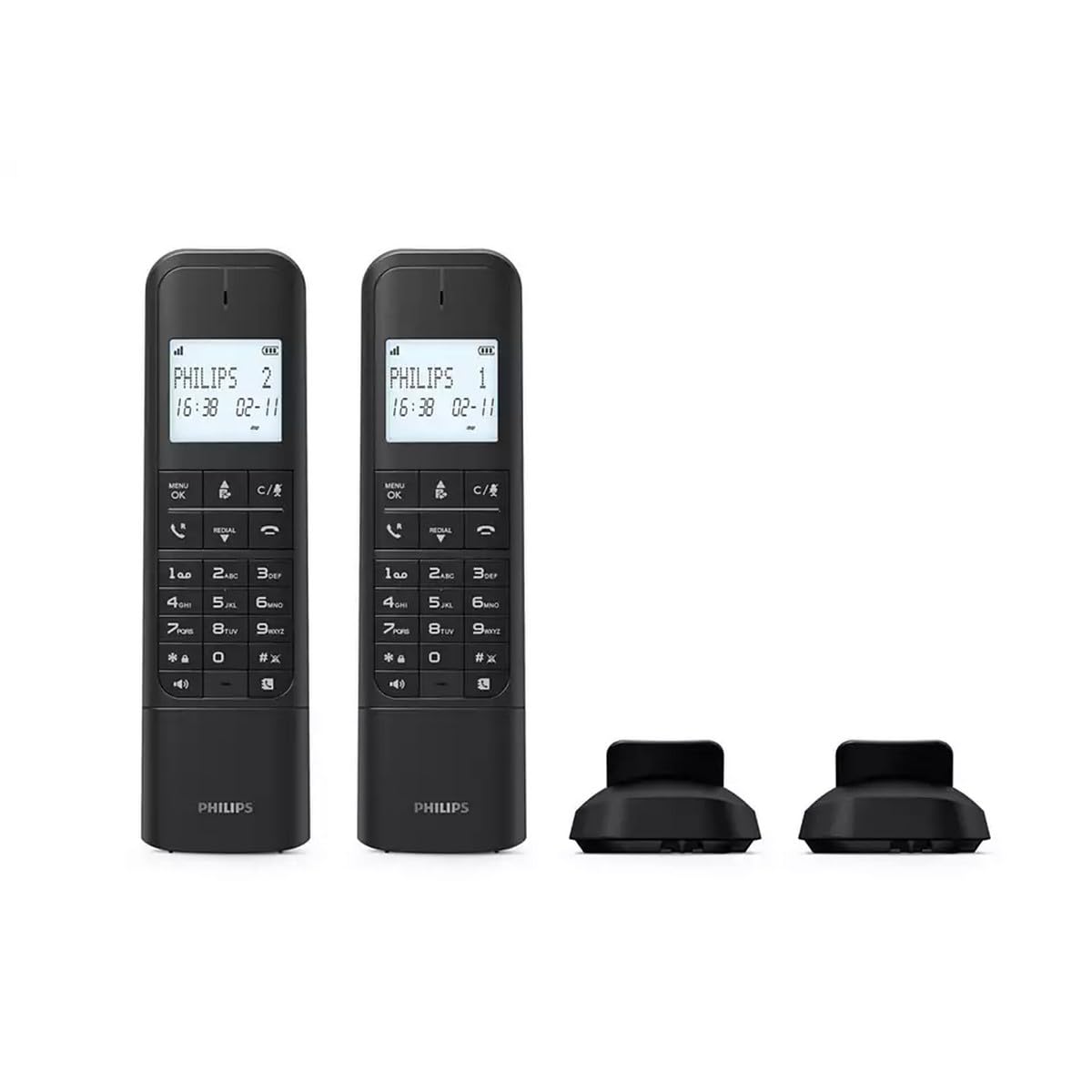 Philips DECT M4701B/12 - Telefono Fisso Cordless 2-Pack, Display 4,6 cm, Schermo LCD, Retroilluminazione, Rubrica 50 Numeri, Vivavoce, Tasti Programmabili, Suono HQ - Nero
