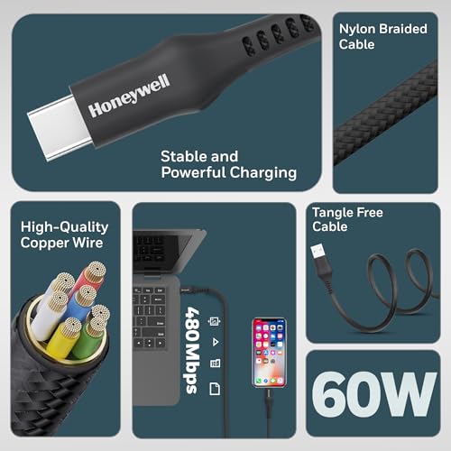 Image of Honeywell USB A to Type C Cable, 4 Feet (1.2M), PD 60W, QC 3.0, Fast Charge & Sync Cable, Nylon Braided Cable for Apple Devices, Smartphones, Laptops, Power Banks, Tablets, Headphones, Speakers Black