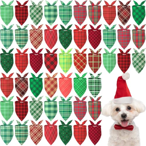 Image of Abbylike 50 Pcs Christmas Plaid Dog Bandanas Bulk, Red and Green Gingham