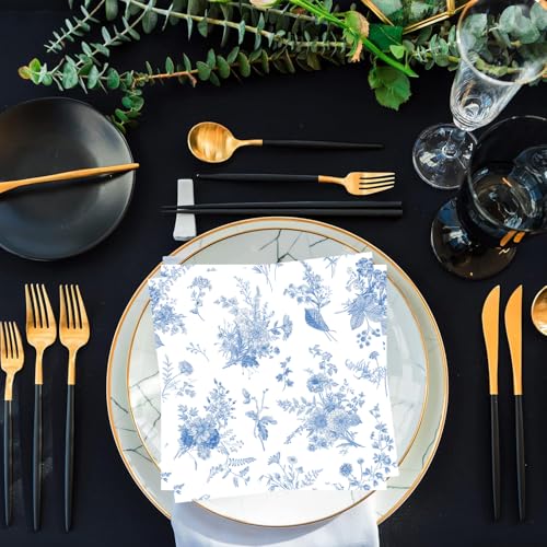 image for HSPAIDYP 50 Pack BlueFloral Cocktail Napkins Blue and White Floral Toi