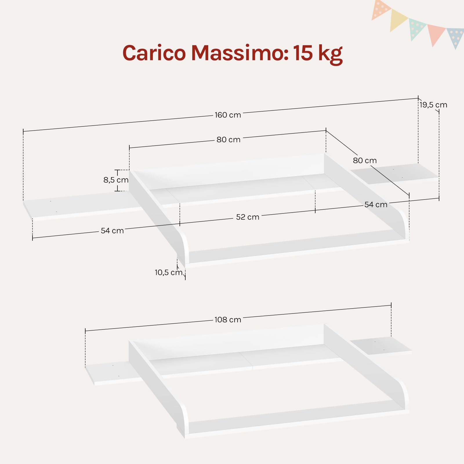 WOLTU Fasciatoio Neonato Universale per Cassettiera 3 Bordi Rialzati Profondità Regolabile 47-50 cm MDF 160x80x10 cm