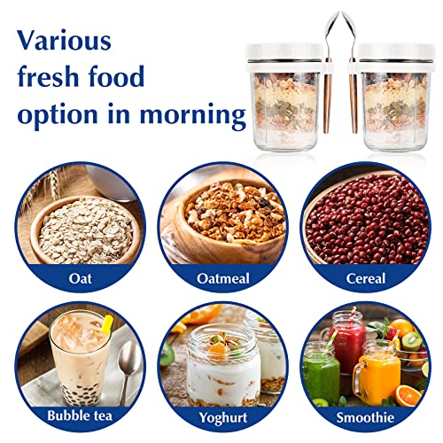 Image of PFUM Glass Overnight Oats Jars With Spoon And Lid 16 Oz [2 Pack], Airtight Oatmeal Container With Measurement Marks, Mason Jars With Lid For Cereal On The Go Container (2Pcs White)