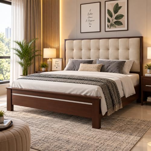 Image of APRODZ Sheesham Wood Bed | Queen Size Bed (78x60 Inches) Without Storage | Solid Wood Double Bed with Tufted Headboard | Premium Cot Furniture for Bedroom | Bed Queen Size | Beige