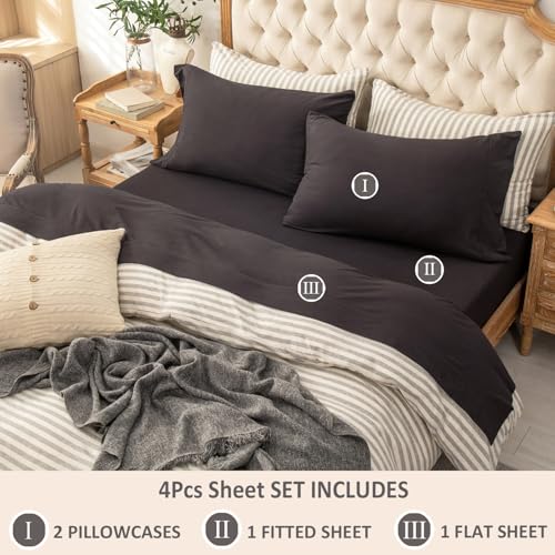 PURE ERA Jersey Knit 4pc Bed Sheet Set 100% T-Shirt Cotton Super Soft Comfy Breathable Fits Mattress Up to 20" Extra Deep Pocket (Solid Deep Brown, King)