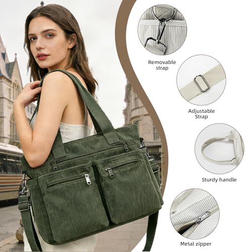 Image of Corduroy Tote Bag for Women with Pockets,Large Crossbody Purse for Laptop,Work,College,Everyday,Travel