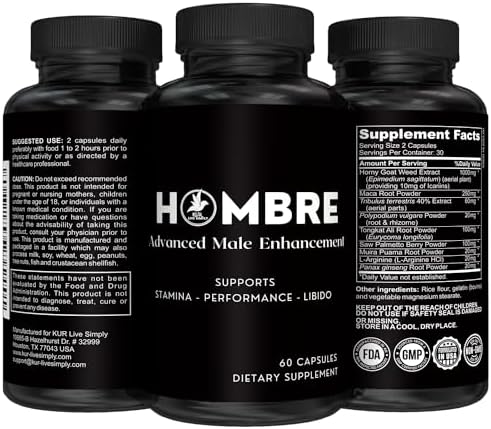 Hombre Male Enhancing Supplement – Add 2 in 60 Days With Our Enlargement Pills for Men Muscle Growth – Increase Size, Strength, Stamina – Endurance, Performance, Energy Booster - 60 Capsules