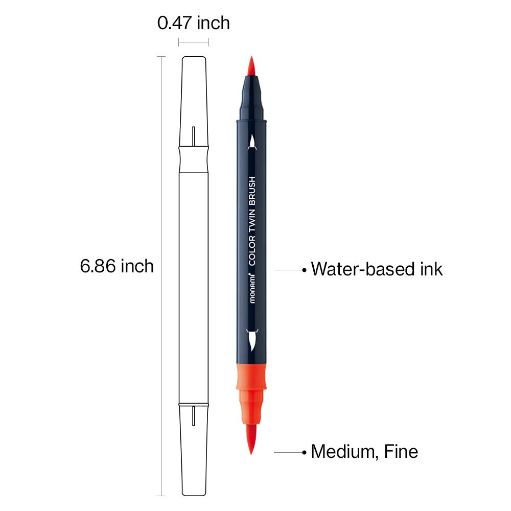 MONAMI Dual-Pinsel-Marker – 6 Farben, Wasserbasiert, Feine & Mittlere Spitze – Für Lettering & Art
