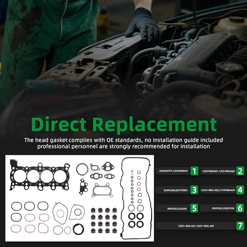 Image of Head Gasket Set HS26397PT Fits for Honda Civic 2006-2015,for Honda HR-V 1.8L L4 Gas SOHC 2016-2020,OE 12251R60U01,12251RNAA01,12251RNAA02,17107RNAA01,VS50741R(63pcs)