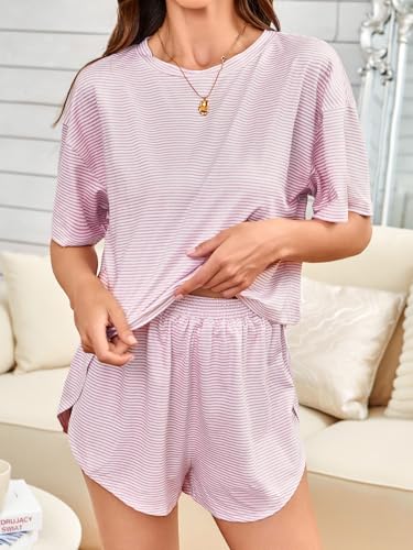 Image of OYOANGLE 2 Pack Pajama for Woman Set Summer Cute PJ Sets Striped Short Sleeve Tshirt and Split Shorts Lounge Set
