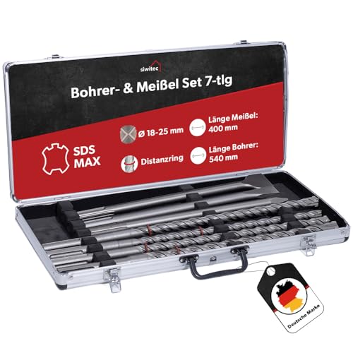 siwitec SDS MAX Bohrer- & Meißelset 7-teilig im Alu Case 4 SDS Max Betonbohrer mit Distanzringen in verschiedenen Durchmessern Spitzmeißel Flachmeißel Breitmeißel