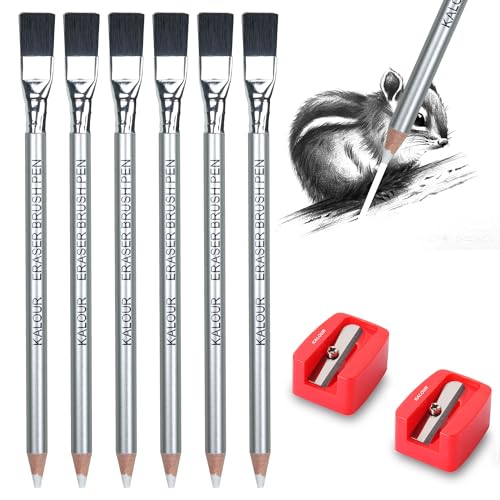 KALOUR Detail Eraser Pencil - 6pc Pencils with Brush and 2pc Sharpener,Erasing Small Details or add Highlights for Sketching, Charcoal Drawings. Fine Detail Eraser for Beginners & Artists