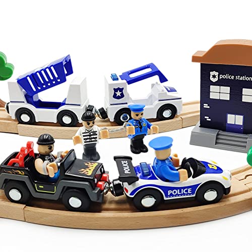 Wooden Train Cars Track Accessories Set Police Car with Light and Sound Small Vehicles Magnetic Train Cars Fit for Wooden Train Track Railway for Boys and Girls (Police Car(with Light and Sound)) - Thumbnail 3
