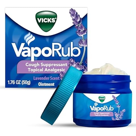 Vicks VapoRub, Lavender Scent, Cough Suppressant, Topical Chest Rub & Analgesic Ointment, Medicated Vicks Vapors, Relief from Cough Due to Cold, Aches & Pains, 1.76oz Cover