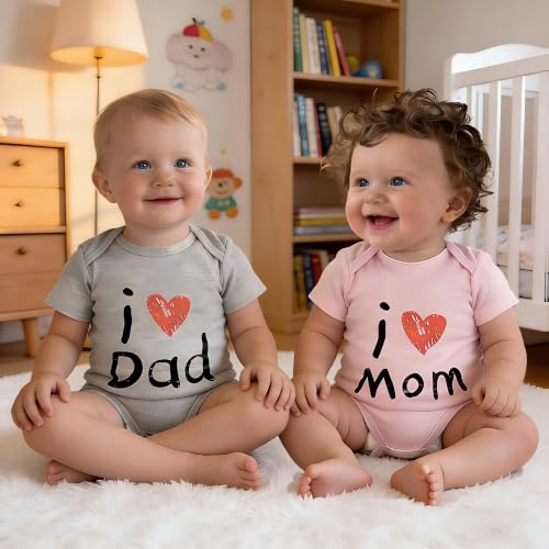 Image of CREVENT Set for Newborns 0-3 Month 100% Cotton Bodysuit- I Love Dad & Mom Onesie 2 Packs (Grey & Pink Rompers with a Gift Bag)