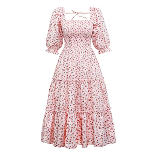 Image of Sister Amy Women's Boho Floral Print Square Neck Beach Party Flowy Ruffle Midi Dress