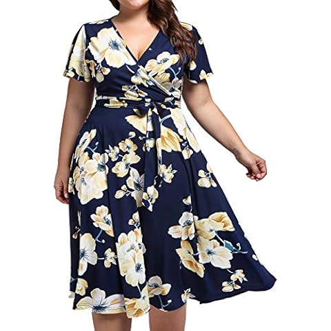 kissmay Women Dress Plus Size, V Neck Wrap Dresses for Women Plus Sized Dress Evening Autumn Valentines Dress for Women Summer Spring Dresses for Women 2025 Navy Blue White Yellow Size 16W Cover