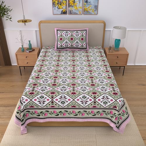 Image of 100% Cotton Single Bedsheet with 1 Pillow Cover | 240 TC Pure Cotton Flat Bed Sheet | Traditional Jaipuri Printed Bedding Set | Soft & Breathable | 60 x 90 Inch (Rangmahal Single 56)