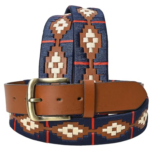 Western Brown Full Grain Genuine Leather Men & Women Belt Embroidered Blue Red & White with Removable Buckle