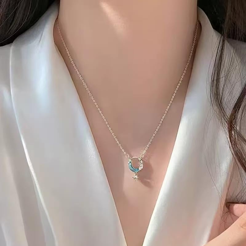 18K Gold Plated Celestial Crescent Moon Necklace with Blue Enamel and Star Charm – Silver-Tone Night Sky Pendant Statement Jewelry for Women - Image 5