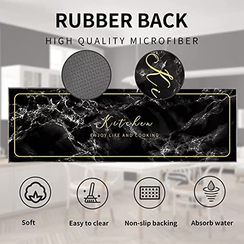 Black Kitchen Rugs and Mats Sets of 2 Pieces Funny Kitchen Decoration Non Slip Super Absorbent Kitchen Mat Runner Rug for Sink,Hallway,Laundry Room (Black Marble - Image 2