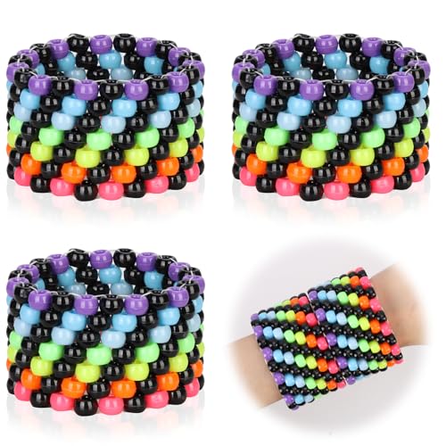3 PCS Kandi Bracelets Cuff Rave Multi-Layer Bracelets Stretch Rainbow Scene Bracelets Multi Color Beaded Kandi Rotating Cuff Rave Accessories Jewelry for Women Friends Edm Party Music Festival (3 Black + Rainbow)
