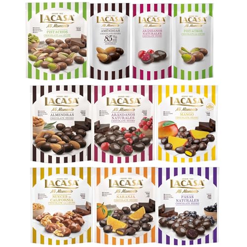 Lacasa Mi Momento pack 10 sabores: almendra, arándano, mango, naranja, pasas, nueces y pistacho recubiertos de chocolate | 1,095kg