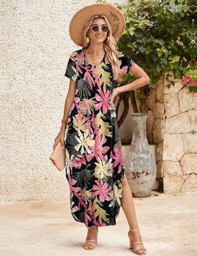 Image of JollieLovin Womens Plus Size Casual Summer Maxi Long Dress Short Sleeve T-Shirt Loose Sun Dress(L-5X)