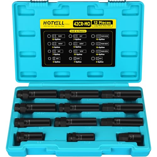 HOTYELL Spline Lug Nut Socket Set 12-Piece Wheel Lock Removal Tool Kit Universal 5/6/7/10/12 Spline Locking Lug Nut Master Keys Cr-Mo Tire & Wheel Tools for Aftermarket Axle Nut