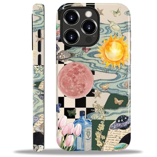 MQJCYB Compatible with iPhone 14 Pro Case - Hybrid Heavy Duty 2 in 1 Full Body Rugged Shockproof Protection Glossy Case for iPhone 14 Pro - Aesthetic Collage Moon and Sun