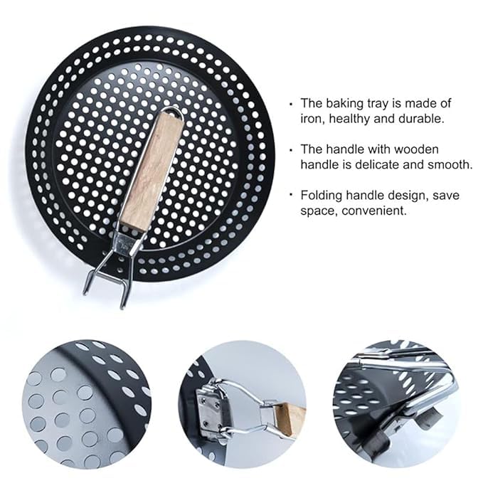 Kruvad Folding Round Frying Pan Grill Basket - Large BBQ Nonstick Grill Wok with Wood Handle, Small, Steel Commercial Outdoor Grilling Stainless Steel Barbeque Woks Accessories [ 53x30x8 CM ] - Image 8 thumbnail