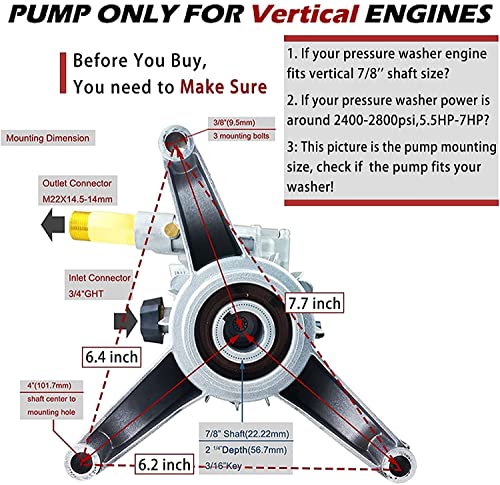 Image of 7 /8'' Shaft Vertical Pressure Washer Pump Replacement 2400-2800PSI, 2.5 GPM | Rear Inlet /Outlet,Replacement Pump for Power Washers Craftman,Simpson,Ryobi,Honda,GCV160,etc