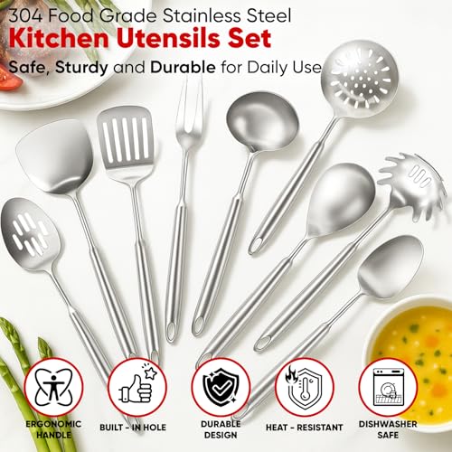 Image of Newness 9 Pcs Cooking Utensils Set, 304 Stainless Steel Kitchen Utensils Set, Metal Kitchen Accessories, Include Soup Ladle, Slotted Skimmer Spoon, Spaghetti Spoon and Spatula, Dishwasher Safe (Short)