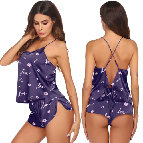 Image of Ekouaer Silk Pajamas Set for Women Satin Backless Lingerie Pjs Cami Top and Shorts Nightwear