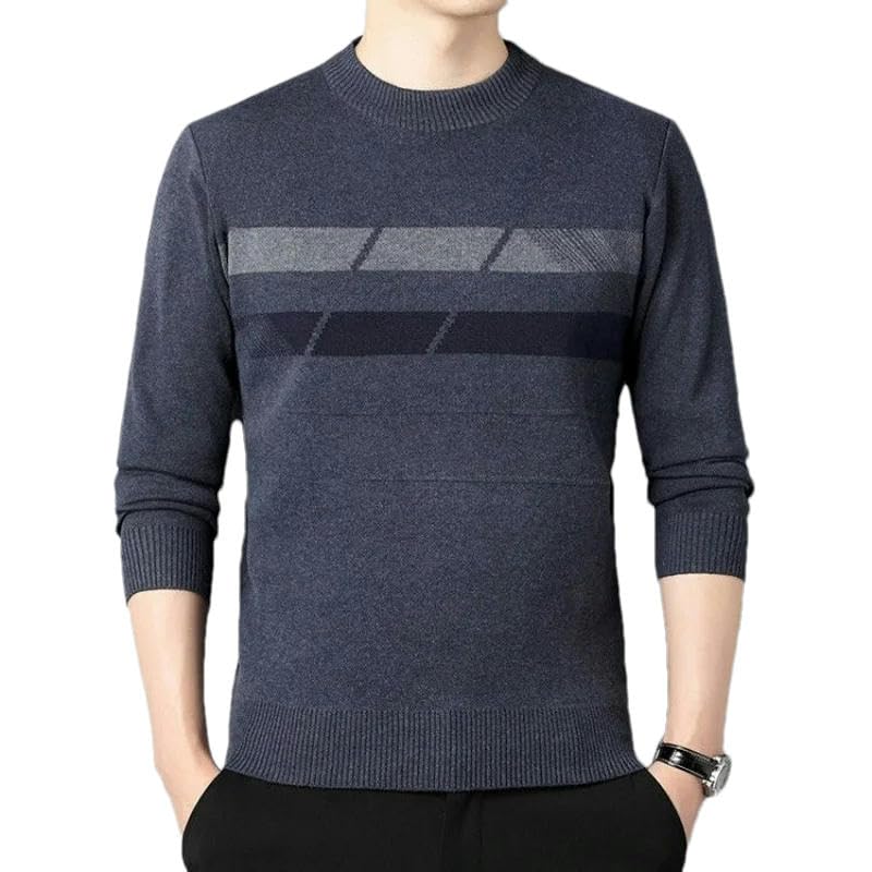 Korean Autumn Winter Stripe Round Neck Sweater Men's Casual Loose Warm Patchwork Long Sleeved Knitted Top