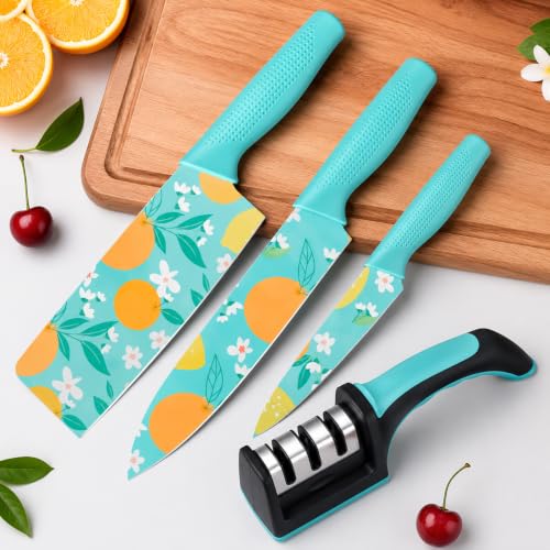Image of Amorston 4-Piece Black Kitchen Knife Set with 3 Ceramic Coated Knives & 3-Stage Knife Sharpener | Non-Stick Stainless Steel Blades | Ergonomic Handle | Multipurpose Cooking Knife Set (Blue)