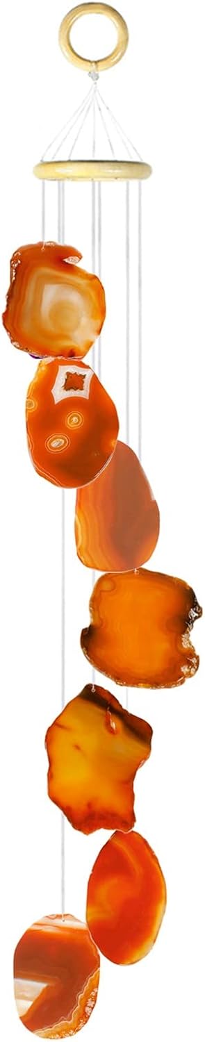 Orange Oblique Agate Slice Wind Chime with Wooden Hanging Circle, Reiki Stone Wall Hanging Ornament