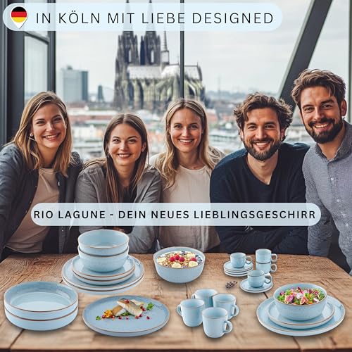 SÄNGER Rio Lagune | Tafelservice 18 teilig, Steingut Geschirr Set 6 Personen, 6x Speiseteller 6x Dessertteller 6x Schalen Geschirrset und Schale blau | VALUE COLLECTION