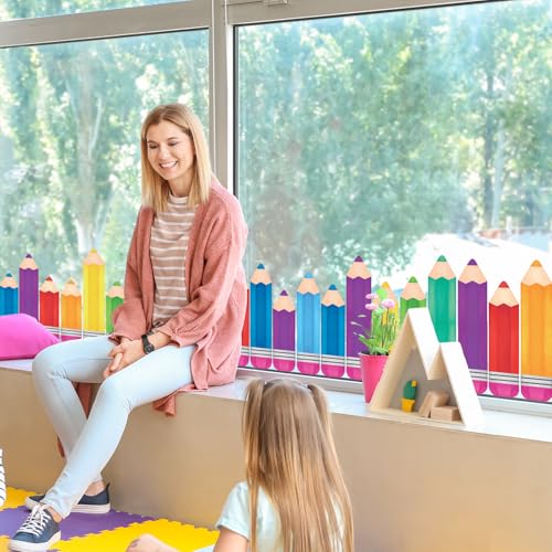 Image of Whaline 9 Sheet Colorful Pencil Window Clings Back to School Rainbow Color Pencil Reusable Window Decals for First Day of School Home Nursery Classroom Decor