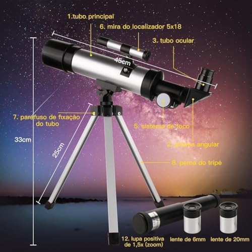 Kit Telescopio Astronômico Luneta F36050 Profissional Portátil Completo com Tripé