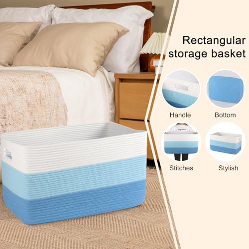 Image of OIAHOMY Large Blanket Basket, 22 inchx17 inchx12 inch Rectangle Woven Baskets, Nursery Blanket Storage Living Room, Toy Storage With Handle, Large Baskets for Organizing-Gradient Light Blue