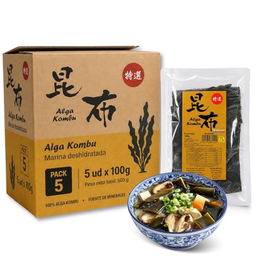 Alga kombu, Alga Marina deshidratada, son ideales para preparar dashi, Sin Gluten, Apto para Vegetariano, Vegano, Sin Conservantes, Contiene 5 paquetes de 100 gr de hojas
