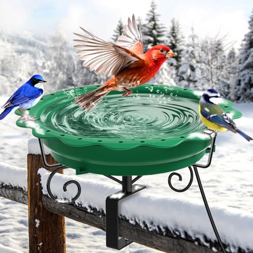 Jvgoo Heated Bird Bath for Deck Railing, Powerful 100W Thermostatically Controlled Heated Bird Baths for Outdoors for Winter, Heated Birdbath Water Heater for Outside Garden Yard Patio Lawn (Green)