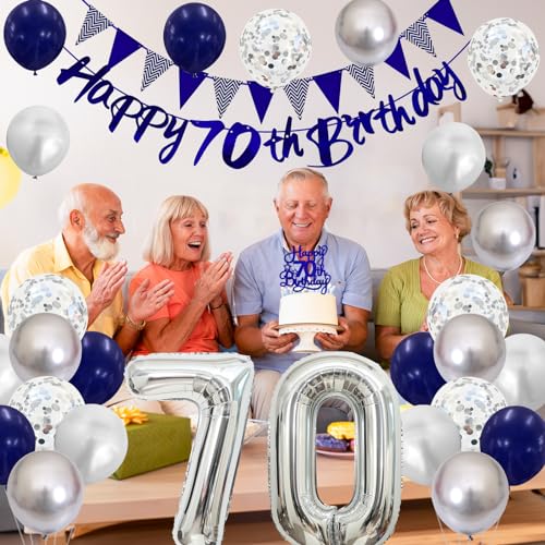 Image of 70th Birthday Decorations for Men Women, Blue Silver White Birthday Balloons, Blue Happy 70th Banner Cake Topper Number 70 Foil Balloon for 70 Year Old Party Decoration
