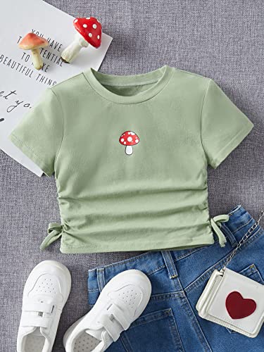 Image of SHENHE Girl's Mushroom Print Short Sleev Crop Tops Ruched Drawstring Tee T Shirts