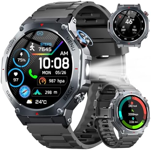 Розумний годинник Jugeman для чоловіків з GPS та дзвінками, 1,43-дюймовий AMOLED-екран, міцний фітнес-розумний годинник, монітор серцевого ритму та рівня кисню в крові, водонепроникний 5 атм, спортивний розумний годинник з витримкою понад 160 годин, сумісний з iOS та Android