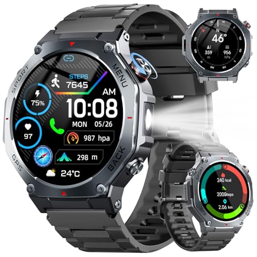Reloj Inteligente Hombre Militar con GPS y Linterna LED, 5ATM Smartwatch con Brújula llamadas Bluetooth Pulsómetro Oxímetro Sueño, 1.43'AMOLED Reloj Deportivo con 160+Modos Deportivos para IOS Android